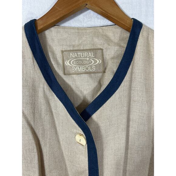 Natural Ecology Symbols Linen Blazer XL Tan Navy Blue Trm Lagenlook Rehli Tracht - Picture 7 of 16